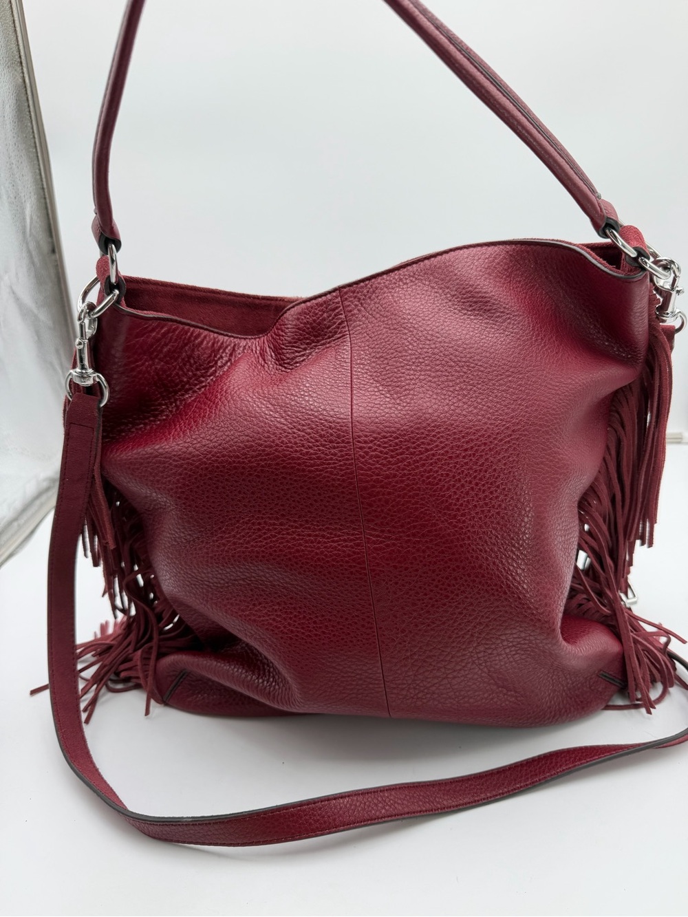 Vintage Rebecca Minkoff Burgundy Leather Suede Fringe Hobo Shoulder Crossbody Ba